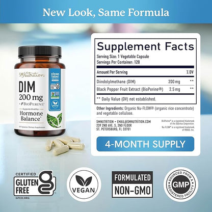 DIM Supplement 200 mg (120 Ct) | Estrogen Balance for Women & Men | Hormone Balance, Hormonal Acne Supplements, Menopause, Antioxidant & PMS Support | Non-GMO, Vegan, Soy Free | 4 Month Supply