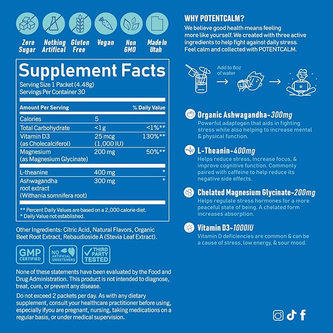 PotentCalm Super Cortisol Drink, Magnesium Glycinate Powder, L-theanine, Ashwagandha, Vitamin D, No Sugar, Raspberry Lemonade Electrolytes Powder - 30 Servings