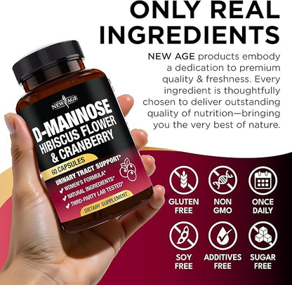 NEW AGE D-Mannose with Cranberry & Hibiscus - High Strength for Urinary Tract Health - Supplement for Women - Bladder, Liver & Microflora Support - Made in USA - Vegan, 180 Capsules