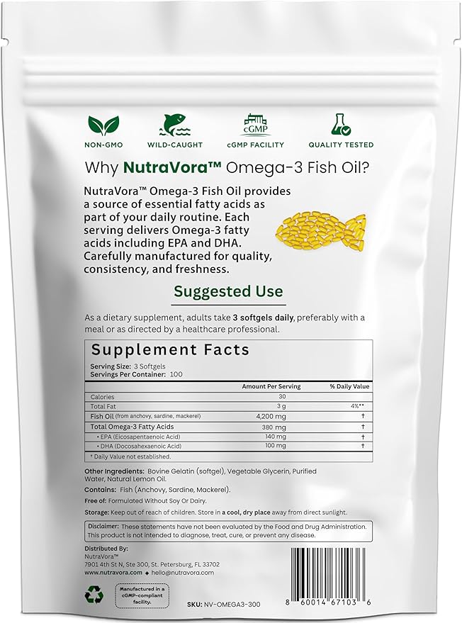 Omega 3 Fish Oil Supplements – 4,200 mg Fish Oil Per Serving – Lemon Flavor Burpless Formula – Wild-Caught, Molecularly Distilled - Non-GMO, Gluten-Free – 300 Softgels