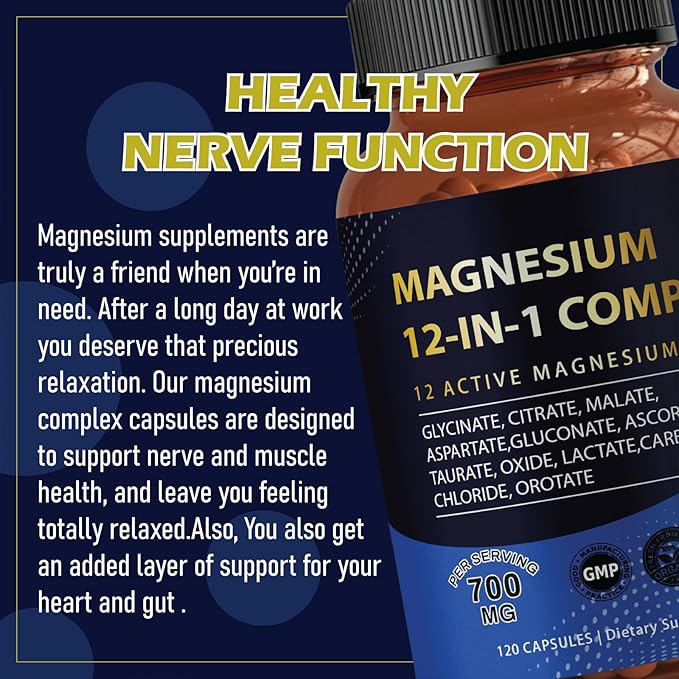 Puravita Magnesium Complex 700mg 12 in 1 Magnesium Supplement with Glycinate, Citrate, Malate & More | Easy Absorption, Energy Support, Vegan & Non-GMO | 120 Capsules (1pc)