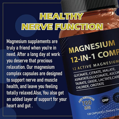Puravita Magnesium Complex 700mg 12 in 1 Magnesium Supplement with Glycinate, Citrate, Malate & More | Easy Absorption, Energy Support, Vegan & Non-GMO | 120 Capsules (1pc)