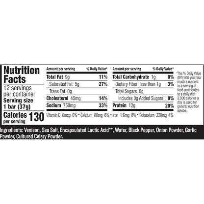 EPIC Bars, Venison Sea Salt and Pepper Bar, Keto Friendly, Whole30 Approved, Gluten Free, 12 Count, 15.6 oz