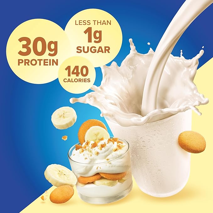 Pure Protein Complete Protein Shake, Banana Pudding, 30g High Protein Drink, Less than 1g Sugar, 3g Fiber, Ready to Drink, Non GMO, On-the-Go Shakes, 11oz Bottles, 12 Pack