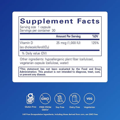 Pure Encapsulations Vitamin D3 25 mcg (1,000 IU) - Supplement to Support Bone, Joint, Breast, Heart, Colon & Immune Health* - with Premium Vitamin D - 30 Capsules