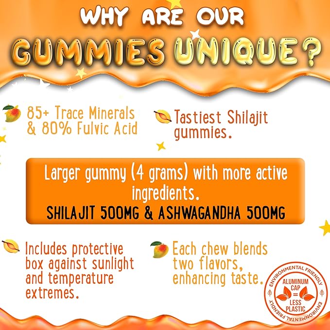 OH MY CHEWY Pure Himalayan Shilajit Gummies - High Potency Gold Grade Resin - Energy Boost and Immune Support for Men and Women with Ashwagandha and Shatavari - 60 Gummy - Peach & Mango