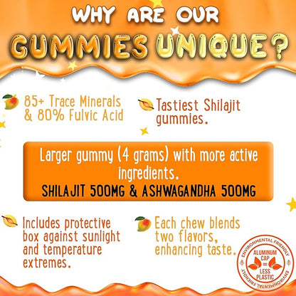 OH MY CHEWY Pure Himalayan Shilajit Gummies - High Potency Gold Grade Resin - Energy Boost and Immune Support for Men and Women with Ashwagandha and Shatavari - 60 Gummy - Peach & Mango