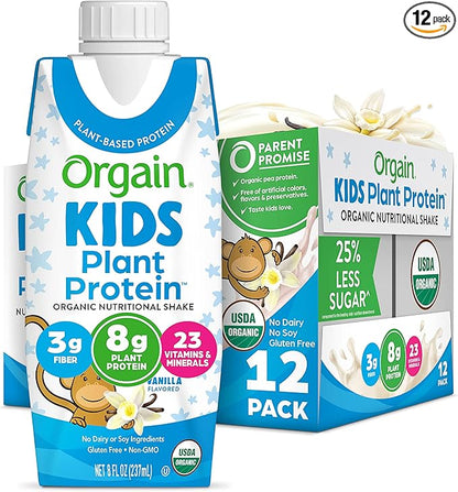 Orgain Organic Kids Nutritional Vegan Protein Shake, Vanilla - Healthy Kids Snacks, 8g Plant Protein, 3g Fiber, 23 Vitamins & Minerals, No Dairy & Soy, Non-GMO, 8 Fl Oz (12 Pack) Package May Vary
