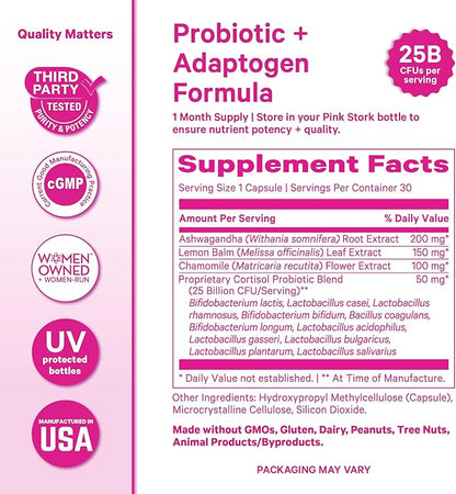 Pink Stork Cortisol Probiotic for Women – Mood and Adrenal Support Supplement – Ashwagandha, Lemon Balm, Chamomile, 25 Billion CFU – Gut Health, Energy, Focus – Lower Cortisol – 30 Capsules