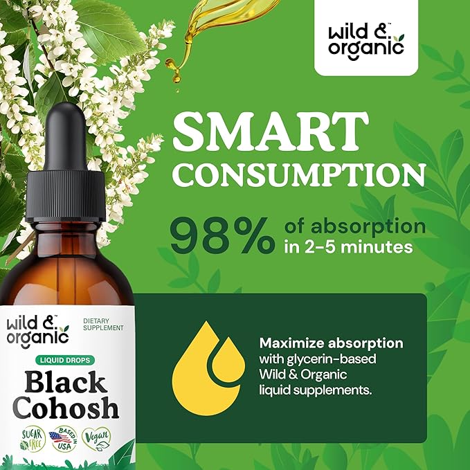 Wild & Organic Black Cohosh Supplements Women - Menopause & Perimenopause Support - 540 mg Natural Black Cohosh Tincture - Add to Tea Liquid Drops - 2-Month Supply - Vegan, Sugar & Alcohol-Free - 2 oz