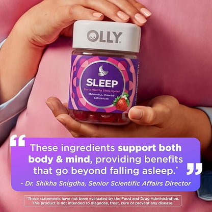 OLLY Sleep Gummy, 3 mg Melatonin, L-Theanine, Chamomile, Lemon Balm, Sleep Aid, Strawberry, 60 Count