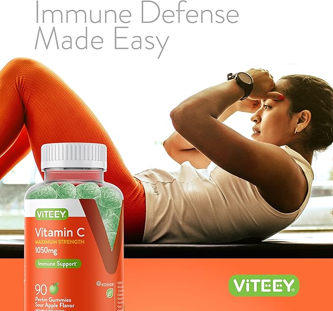 Viteey Chewable Vitamin C Gummies for Adults - 1050mg Maximum Strength Immune Support Supplement - Vegan, Gluten Free - 90 Count