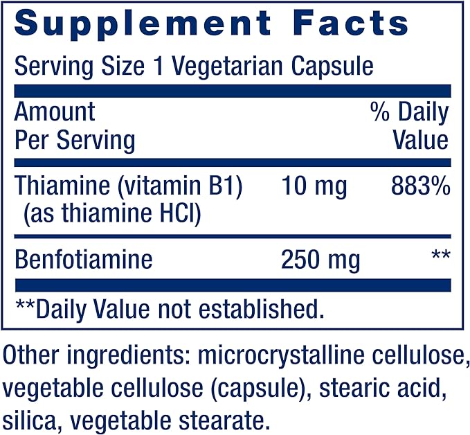 Life Extension Mega Benfotiamine, 250 mg, a fat-soluble form of thiamine, healthy metabolism, ultra-bioavailable vitamin B1, high potency, gluten-free, non-GMO, vegetarian, 120 capsules