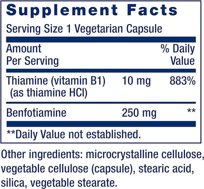 Life Extension Mega Benfotiamine, 250 mg, a fat-soluble form of thiamine, healthy metabolism, ultra-bioavailable vitamin B1, high potency, gluten-free, non-GMO, vegetarian, 120 capsules