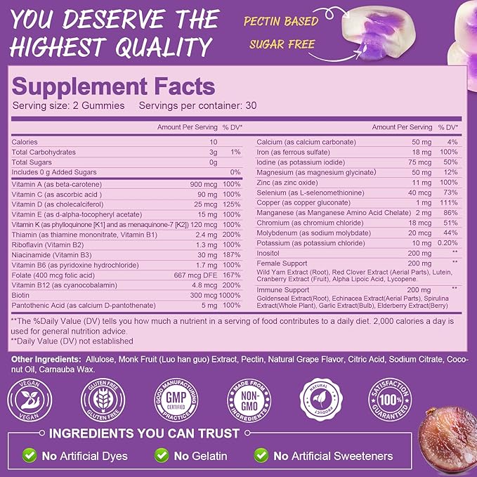 Totaria Sugar Free Multivitamin Gummies for Women 14+ w/Iron, Inositol, Folate, Biotin, Womens Daily Multivitamin Gummy w/Vitamin A, C, B, D3, K2, for Hair, Skin, Energy, Immune, Grape Flavor