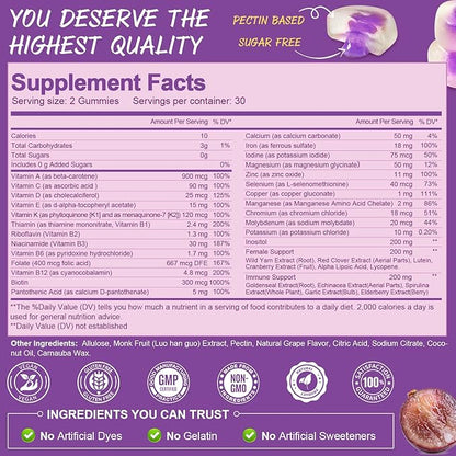 Totaria (2 Pcs) Sugar Free Multivitamin Gummies for Women 14+ w/Inositol, Iron, Folate, Biotin, Womens Daily Multivitamin Gummy w/Vitamin A, D, C, B, Support Hair, Skin, Energy, Immune, Grape Flavor