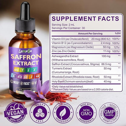 Saffron Extract for Anxiety Relief & Calm Mood Support | 88.5mg Saffron Supplement Drops for Mood, Focus, Eye Support for Mood, Energy & Cognitive Support - 2 fl oz - 2 Pack