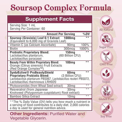 Soursop Probiotic Liquid Drops, Soursop Bitters Liquid with Probiotic Beauty Collagen Boost for Hair, Skin, and Nails, Immune Boost