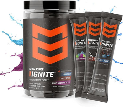 MTN OPS Ignite Sugar Free Energy Drink Powder Variety Pack with 200mg Caffeine, Travel Pre Workout Packets for to-Go Energy, Nootropic Blend, L Arginine & L Citrulline, Backcountry Flavors