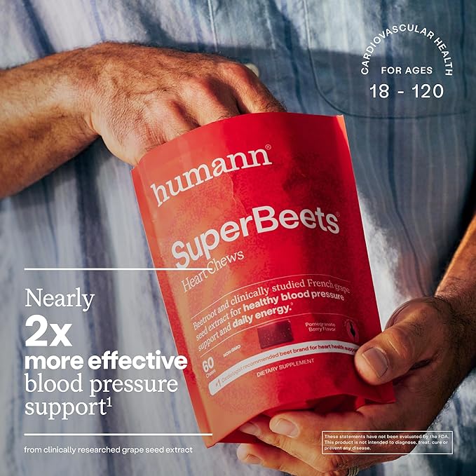 Humann SuperBeets Heart Chews, Beet Root Powder Support Energy Supplement, Nitric Oxide and Blood Pressure Support, Grape Seed Extract & Non-GMO, Heart Health, Pomegranate Berry Flavor, 180 Count