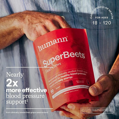 Humann SuperBeets Heart Chews, Beet Root Powder Support Energy Supplement, Nitric Oxide and Blood Pressure Support, Grape Seed Extract & Non-GMO, Heart Health, Pomegranate Berry Flavor, 60 Count