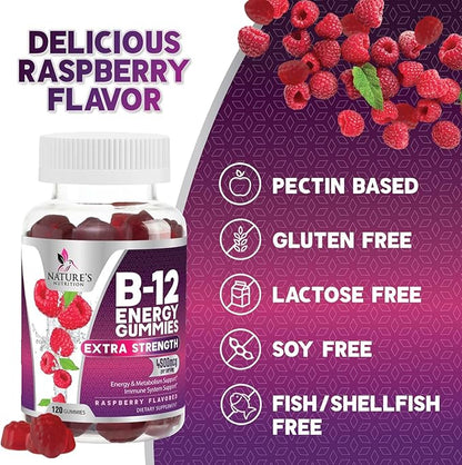 B12 Energy Gummies - 4500 mcg Vitamin B12 Per Serving - Extra Strength Chewable B12 Supplement for Energy, Metabolism & Immune Support - For Women, Men & Kids - Natural & Berry Flavored - 120 Gummies