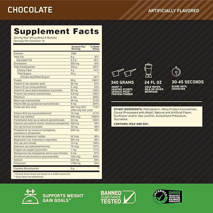 Optimum Nutrition Serious Mass, Weight Gainer Protein Powder, Mass Gainer, Vitamin C and Zinc for Immune Support, Creatine, Chocolate, 12 Pound (Packaging May Vary)