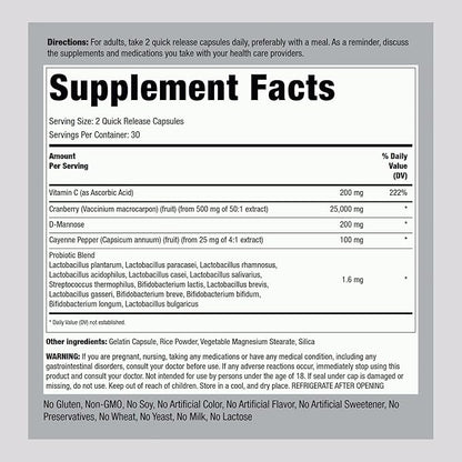 Piping Rock Cranberry Complex with D-Mannose & Probiotic Blend | Urinary Tract Health for Women | 60 Capsules | Advanced Formula | Non-GMO, Gluten Free Supplement