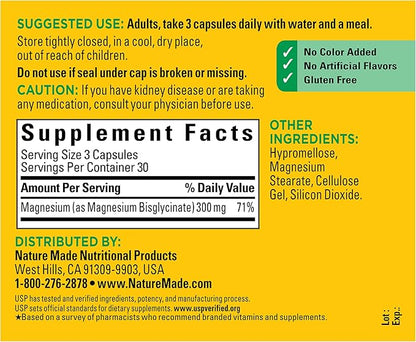 Nature Made High Absorption Magnesium Glycinate 300mg per 3 Capsules, Magnesium Supplement for Muscle, Heart, Nerve and Bone Support, 90 Magnesium Bisglycinate Capsules, 30 Day Supply