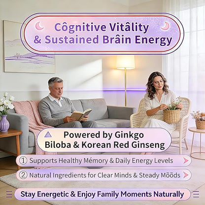 Vegan L-Theanine Gummies 200mg with Caffeine(100mg), Korean Red Ginseng & Ginkgo Biloba- Brain Supplement for Focus, Memory & Energy, Sugar-Free, No Jitters, 120 Counts