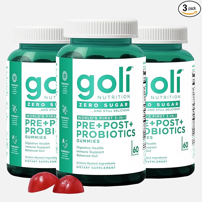 Goli Zero Sugar Pre Pro Postbiotic Gummies, 60 Count Each (3 Pack, 180 Total) - Worlds First 3-in-1 with DE111, XOS, MCC1849 - No Sugar Alcohols - Vegan, Keto-Friendly, Non-GMO