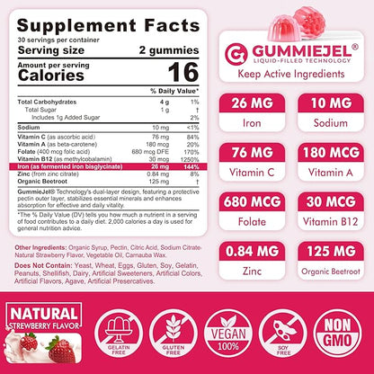 Iron Bisglycinate 26mg Filled Gummies- Gentle Beet Root Iron Gummy plus Vitamin C, Supplement Iron with B12 & Folate for Women & Men, Iron Deficiency, Immune & Energy Support, Sugar-Free, Vegan,120Cts