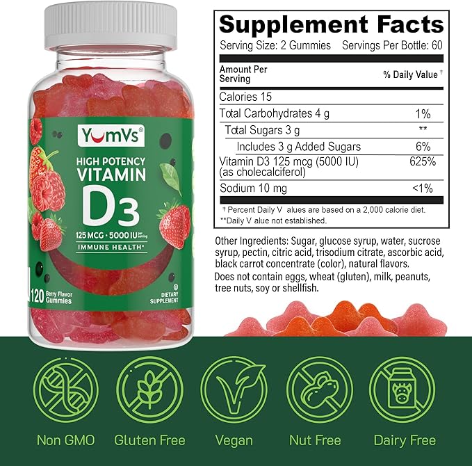 YUM-V'S Maxi Health Vitamin D3 Gummies 5000 IU 125mcg D3 Gummies - Support Immune Support, Strong Bone Health - Non-GMO, Gluten-Free, Dairy-Free, Vitamin D Gummy(120 Count)