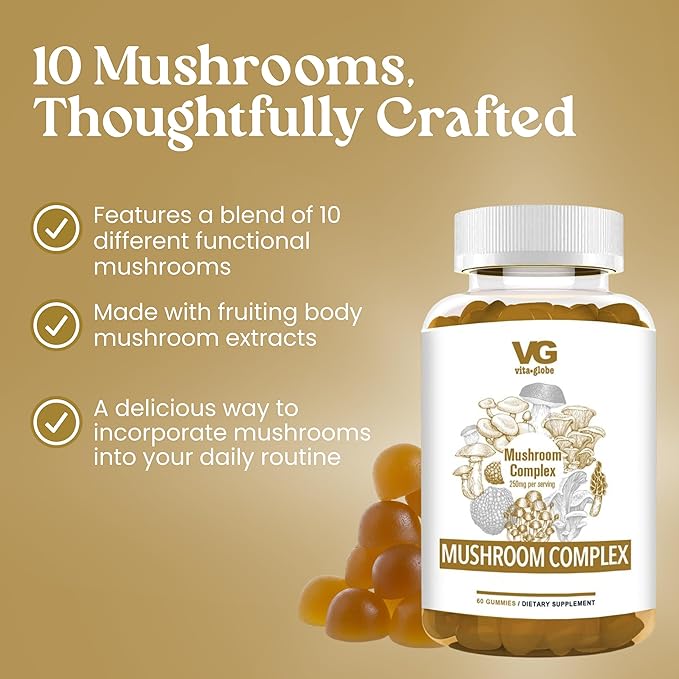 VITA GLOBE Mushroom Complex Gummies with Reishi, Lions Mane Mushrooms, Chaga, Cordyceps & More, Mushroom Supplement for Immune Defense, Energy & Brain Function Support, 250mg, 120 Count (Pack of 2)