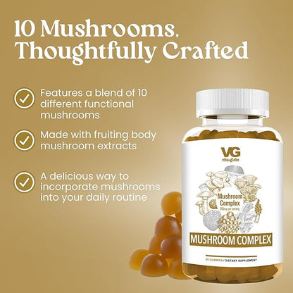 VITA Globe Mushroom Complex Gummies with Reishi, Lions Mane Mushrooms, Chaga, Cordyceps & More, Mushroom Supplement for Immune Defense, Energy & Brain Function Support, 250mg, 60 Count (Pack of 1)
