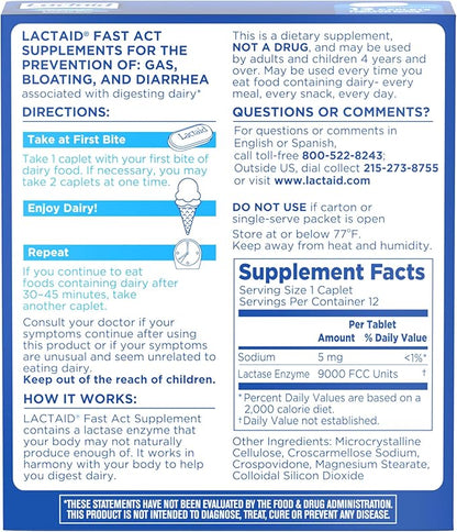 Lactaid Fast Act Lactose Intolerance Relief Caplets with Lactase Enzyme to Prevent Gas, Bloating & Diarrhea Due to Lactose Sensitivity, Ideal for Travel & On-The-Go, 12 Packs of 1-Count
