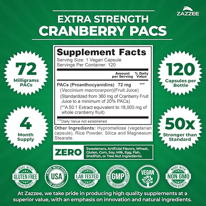 Zazzee Cranberry PACs 72 mg per Capsule, 50:1 Extract, 120 Vegan Capsules, 2X Strength, 4 Month Supply, Fast-Acting, Effective Urinary Tract & Bladder Support, 100% Soluble PACs, Made in the USA
