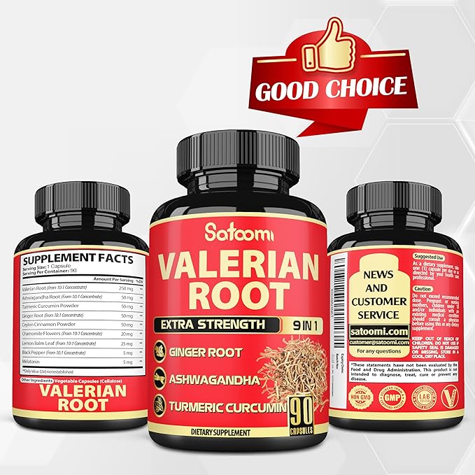 Satoomi Valerian Root Capsules - 9 Natural Herbs - Ashwagandha, Turmeric, Ginger, Ceylon Cinnamon - 90 Caps for 3-Month Supply