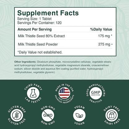 PurePremium Milk Thistle Supplement – Liver Cleanse Detox & Repair, 80% Silymarin Standardized Extract – 450mg Complex Supports Normal Liver Function – Non-GMO, Gluten-Free - 120 Supply