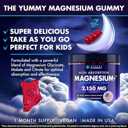 Magnesium Glycinate 2150 MG Gummies, High Absorption Magnesium Glycinate, Citrate & Malate, Sugar-Free, Vegan, Chews for Men & Women, 60 Gummies, Cherry Flavor– 60 Wild Cherry Flavor Chews
