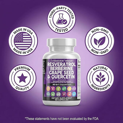 Clean Resveratrol Supplement | Berberine Grape Seed Extract Quercetin Green Tea Extract Acai Noni Polyphenol Supplement for Women & Men N-Acetyl Cysteine
