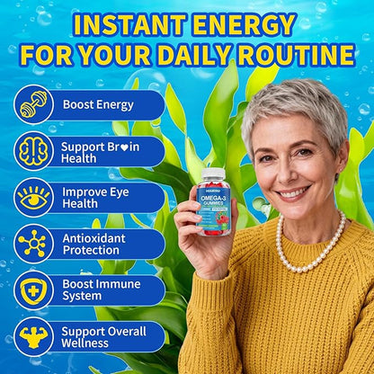 Vegan Omega-3 Gummies 1028mg, Omega 3 Fish Oil Alternative for Adults w/EPA 400mg & DHA 600mg & Vitamin A, C, E Supports Brain, Eye & Immune Health, Sugar Free, Raspberry Flavor, 120 Count