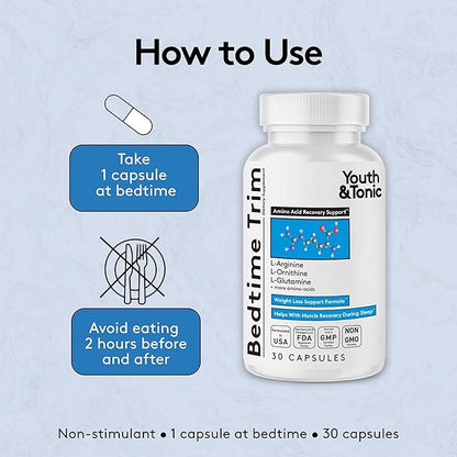 Youth & Tonic PM Bedtime Trim for Lean Appearance & Muscle Definition Support – Nighttime Amino Acids Supplement for Overnight Recovery, Men & Women, 30 Capsules