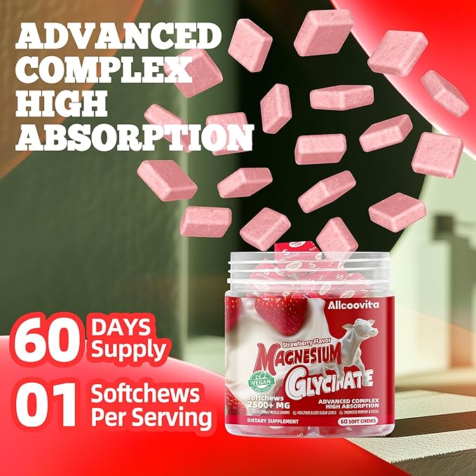 Magnesium Glycinate Soft Chews, Strawberry Flavor.Chewable Sugar Free Potassium Magnesium Chews with Magnesium Glycinate, Vitamin D, B6, and CoQ10 for Calm Support & Sleep for Adults, 60 Days Supply