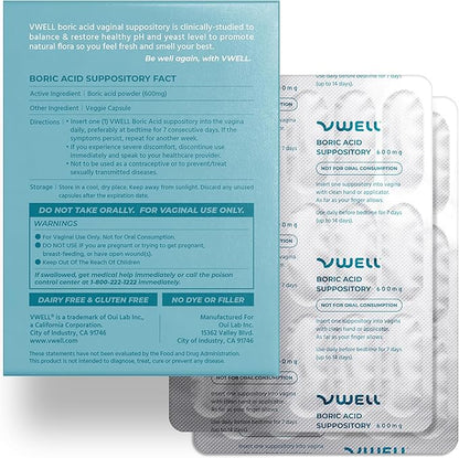 VWELL Boric Acid Vaginal Suppositories - Homeopathic Solution Maintains and Balances Healthy Vaginal pH & Microbiome Intimacy - Doctors Recommended (One Size, 30, Count)