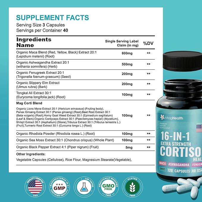 Cortisol Complex 16-in-1 Supplement for Women & Men | Stress Support Manager with Organic Ashwagandha, Maca Root, Rhodiola Rosea & Shilajit | Adaptogen Blend for Balance & Energy | 120 Capsules