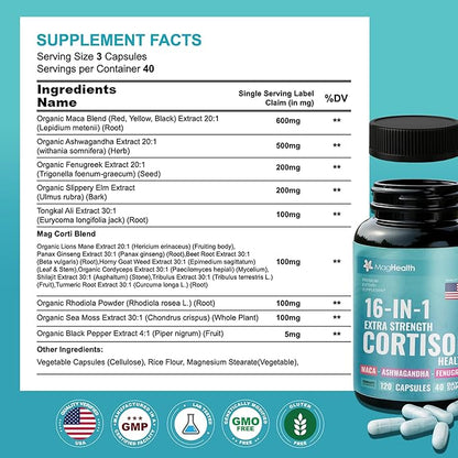 Cortisol Complex 16-in-1 Supplement for Women & Men | Stress Support Manager with Organic Ashwagandha, Maca Root, Rhodiola Rosea & Shilajit | Adaptogen Blend for Balance & Energy | 120 Capsules
