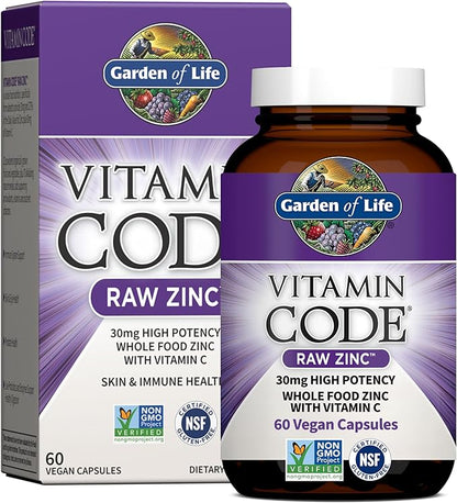 Garden of Life Zinc Supplements 30mg High Potency Raw Zinc and Vitamin C Multimineral Supplement, Vitamin Code Vitamins Trace Minerals & Probiotics for Skin Health & Immune Support, 60 Vegan Capsules