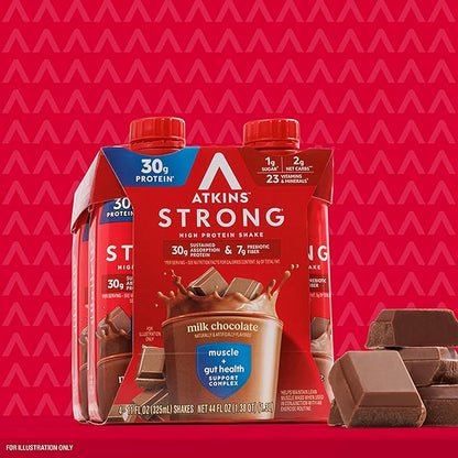 Atkins Strong High Protein Shake, Milk Chocolate, 30g Protein, 7g Prebiotic Fiber, Muscle & Gut Health Support Complex (Pack of 24)
