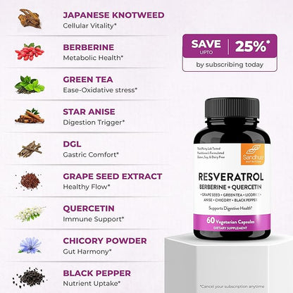 Resveratrol with Berberine Supplement For Gut Health Support | 120 Digestive Capsules For Women & Men | With Green Tea Extract, Star Anise, DGL, Grape Seed, Quercetin | Helps Ease Bloating & Digestion